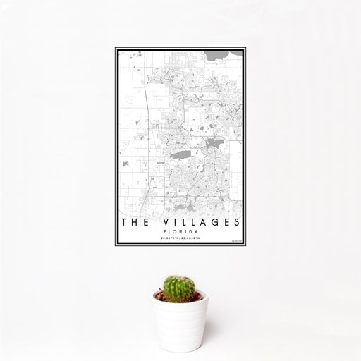 12x18 The Villages Florida Map Print Portrait Orientation in Classic Style With Small Cactus Plant in White Planter