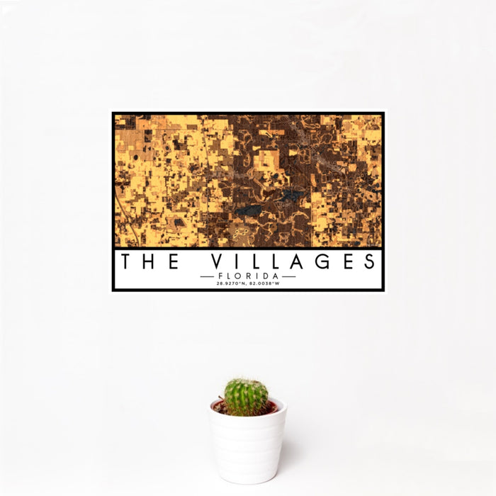 12x18 The Villages Florida Map Print Landscape Orientation in Ember Style With Small Cactus Plant in White Planter