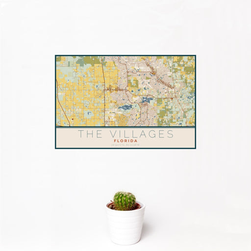 12x18 The Villages Florida Map Print Landscape Orientation in Woodblock Style With Small Cactus Plant in White Planter