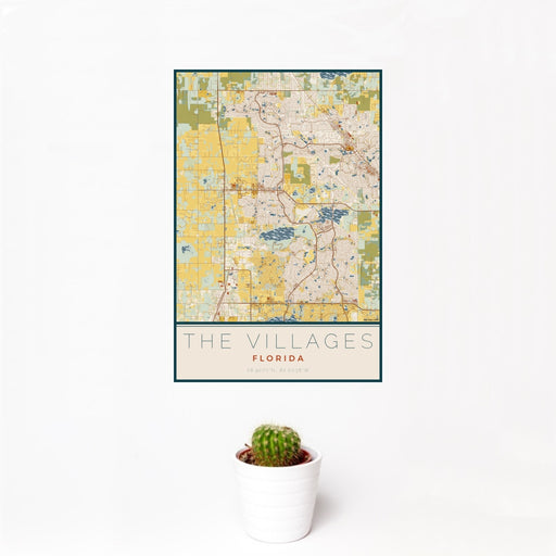 12x18 The Villages Florida Map Print Portrait Orientation in Woodblock Style With Small Cactus Plant in White Planter