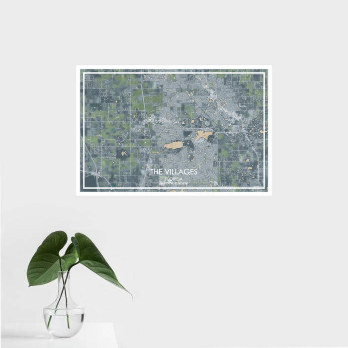 16x24 The Villages Florida Map Print Landscape Orientation in Afternoon Style With Tropical Plant Leaves in Water