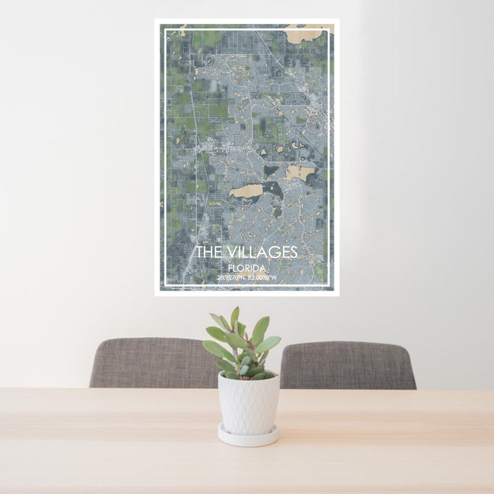 24x36 The Villages Florida Map Print Portrait Orientation in Afternoon Style Behind 2 Chairs Table and Potted Plant