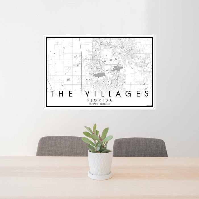 24x36 The Villages Florida Map Print Lanscape Orientation in Classic Style Behind 2 Chairs Table and Potted Plant