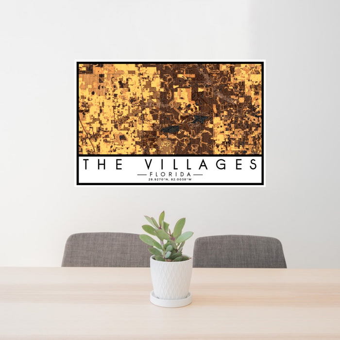 24x36 The Villages Florida Map Print Lanscape Orientation in Ember Style Behind 2 Chairs Table and Potted Plant