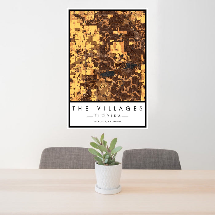 24x36 The Villages Florida Map Print Portrait Orientation in Ember Style Behind 2 Chairs Table and Potted Plant