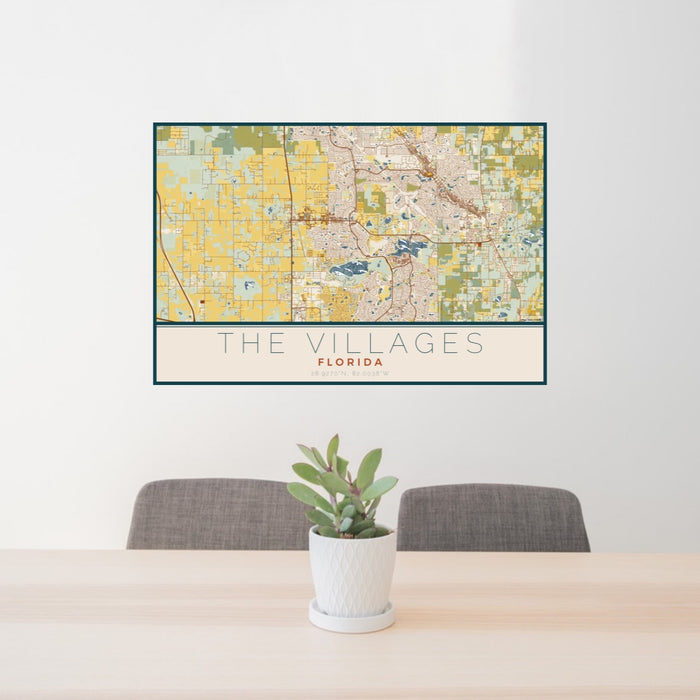 24x36 The Villages Florida Map Print Lanscape Orientation in Woodblock Style Behind 2 Chairs Table and Potted Plant