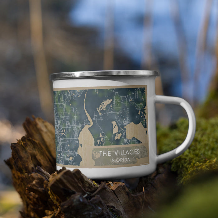 Right View Custom The Villages Florida Map Enamel Mug in Afternoon on Grass With Trees in Background