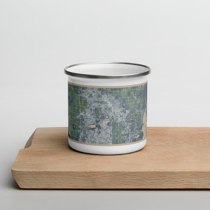 Front View Custom The Villages Florida Map Enamel Mug in Afternoon on Cutting Board