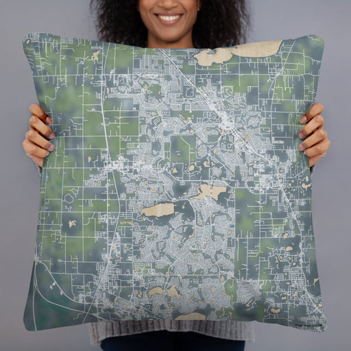 Person holding 22x22 Custom The Villages Florida Map Throw Pillow in Afternoon