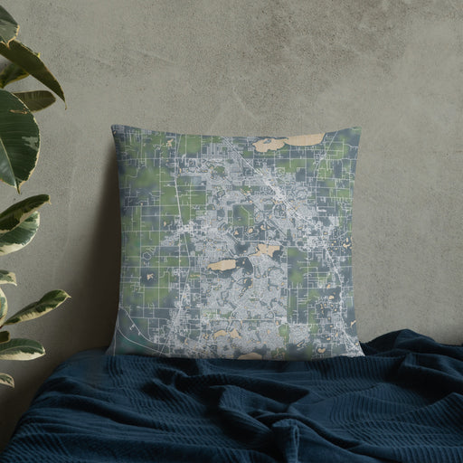 Custom The Villages Florida Map Throw Pillow in Afternoon on Bedding Against Wall