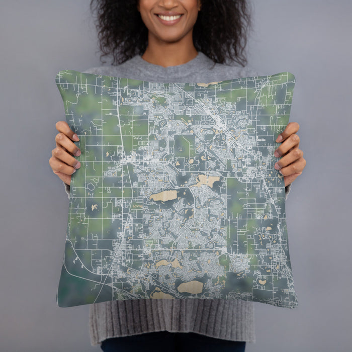 Person holding 18x18 Custom The Villages Florida Map Throw Pillow in Afternoon