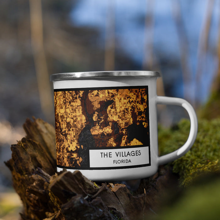 Right View Custom The Villages Florida Map Enamel Mug in Ember on Grass With Trees in Background