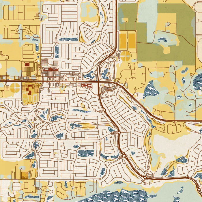 The Villages Florida Map Print in Woodblock Style Zoomed In Close Up Showing Details