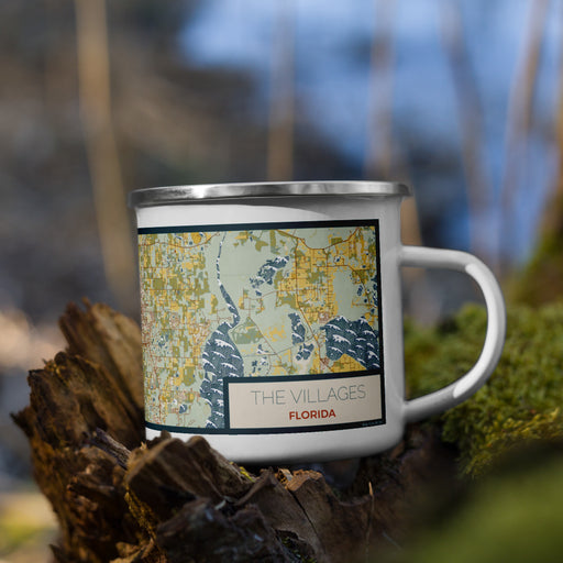 Right View Custom The Villages Florida Map Enamel Mug in Woodblock on Grass With Trees in Background