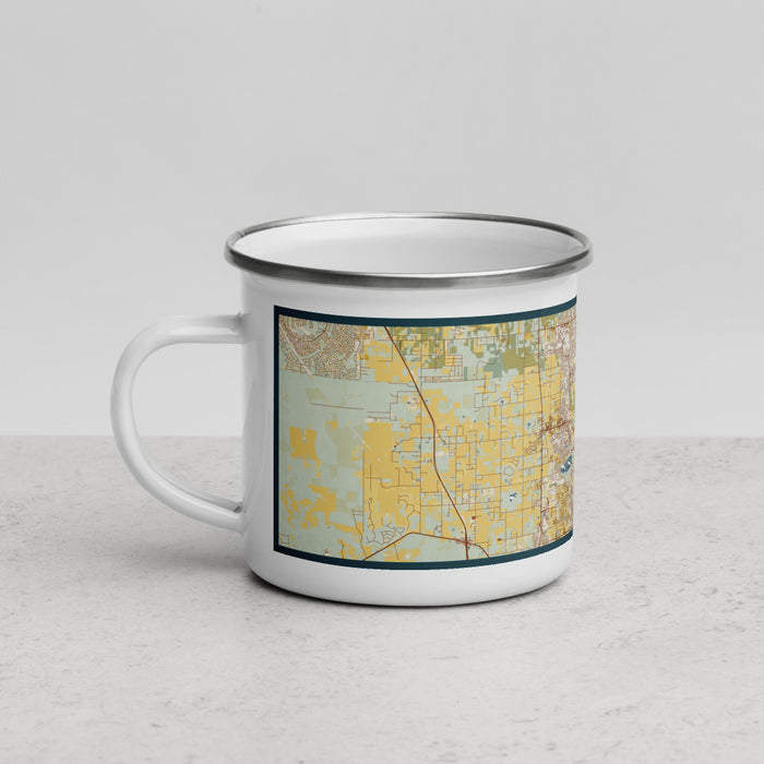 Left View Custom The Villages Florida Map Enamel Mug in Woodblock