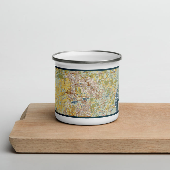 Front View Custom The Villages Florida Map Enamel Mug in Woodblock on Cutting Board