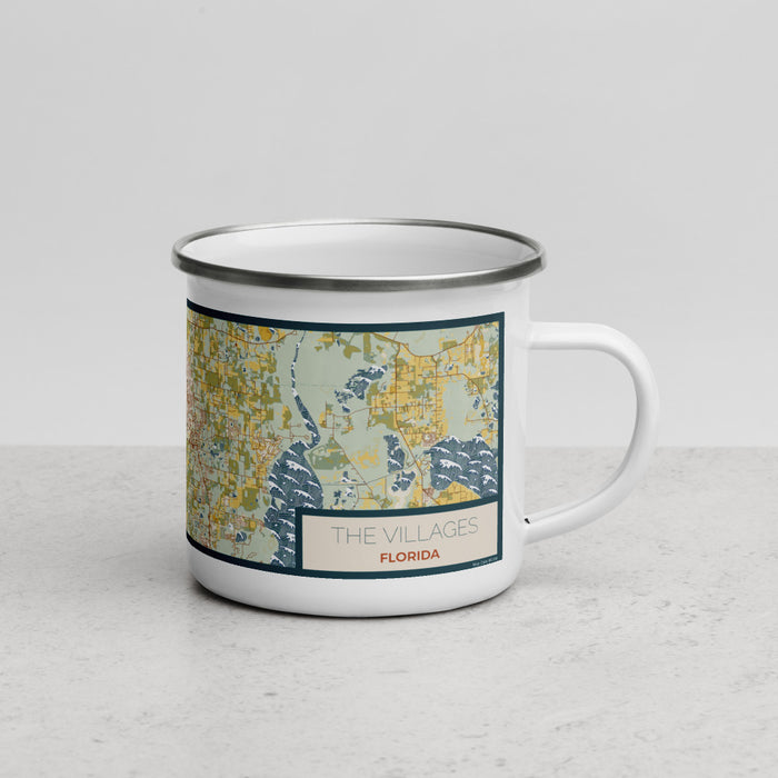 Right View Custom The Villages Florida Map Enamel Mug in Woodblock