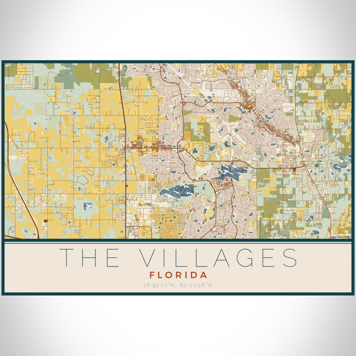 The Villages Florida Map Print Landscape Orientation in Woodblock Style With Shaded Background