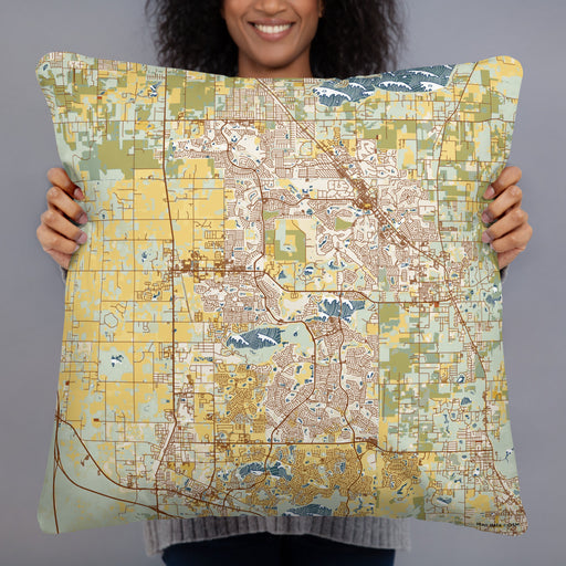 Person holding 22x22 Custom The Villages Florida Map Throw Pillow in Woodblock