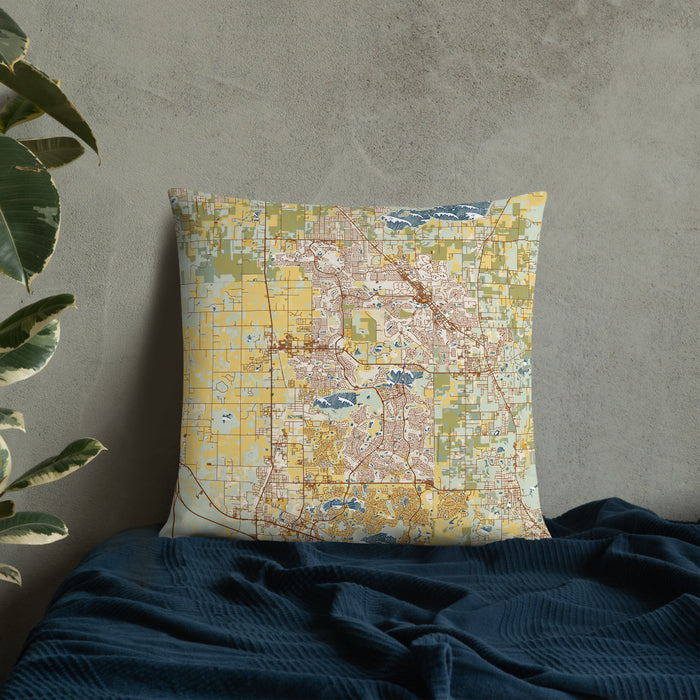 Custom The Villages Florida Map Throw Pillow in Woodblock on Bedding Against Wall