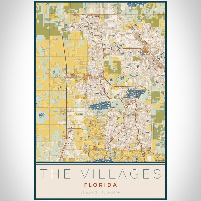 The Villages Florida Map Print Portrait Orientation in Woodblock Style With Shaded Background