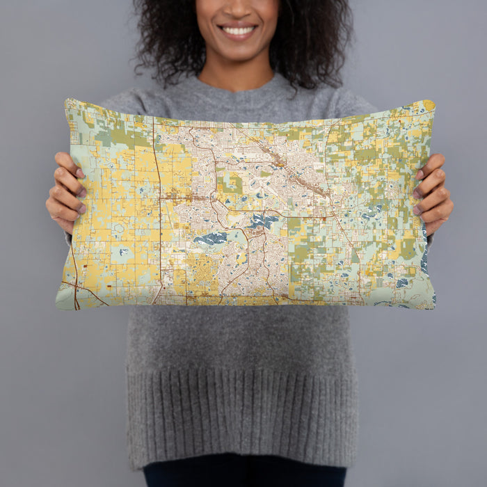 Person holding 20x12 Custom The Villages Florida Map Throw Pillow in Woodblock