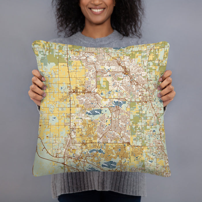 Person holding 18x18 Custom The Villages Florida Map Throw Pillow in Woodblock