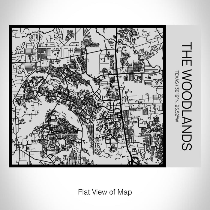 Rendered View of The Woodlands Texas Map on 20oz Stainless Steel Insulated Bottle with Bamboo Top with printed Tactile Lines Map in Black