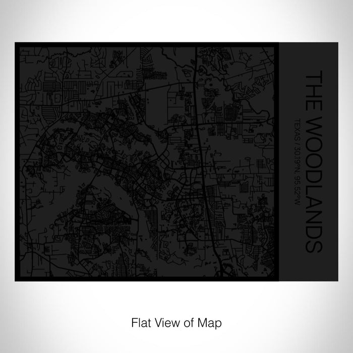 Rendered View of The Woodlands Texas Map on 20oz Stainless Steel Insulated Bottle with Bamboo Top in Matte Black with printed Tactile Lines Map in Black