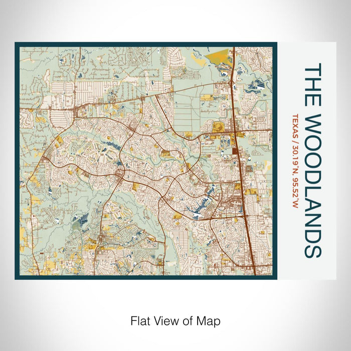 Rendered View of The Woodlands Texas Map on 20oz Stainless Steel Insulated Bottle with Bamboo Top with printed woodblock style map