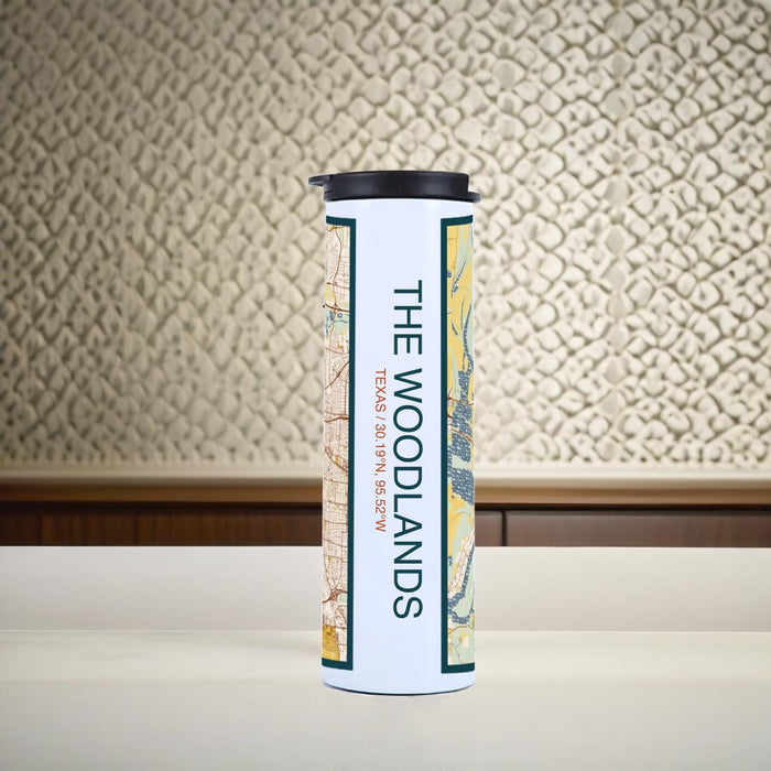 The Woodlands Texas Custom City Map Inscription Coordinates on 17oz Stainless Steel Insulated Tumbler in Woodblock Map Style