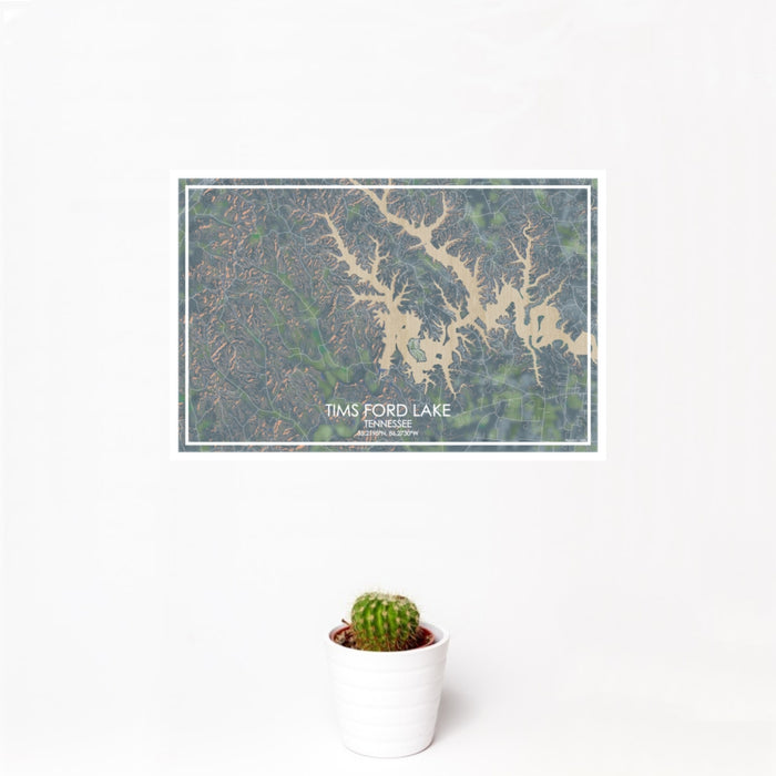12x18 Tims Ford Lake Tennessee Map Print Landscape Orientation in Afternoon Style With Small Cactus Plant in White Planter