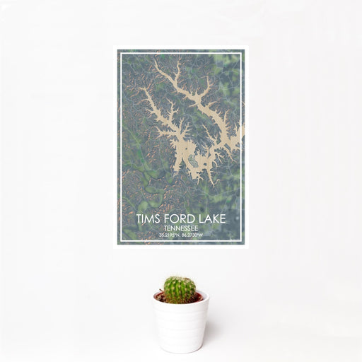 12x18 Tims Ford Lake Tennessee Map Print Portrait Orientation in Afternoon Style With Small Cactus Plant in White Planter