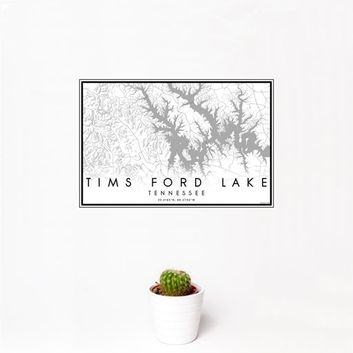 12x18 Tims Ford Lake Tennessee Map Print Landscape Orientation in Classic Style With Small Cactus Plant in White Planter