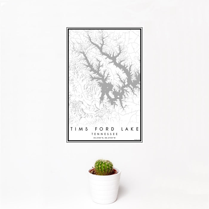 12x18 Tims Ford Lake Tennessee Map Print Portrait Orientation in Classic Style With Small Cactus Plant in White Planter