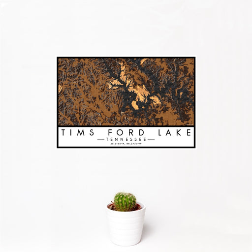 12x18 Tims Ford Lake Tennessee Map Print Landscape Orientation in Ember Style With Small Cactus Plant in White Planter