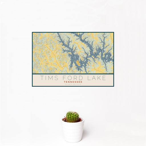 12x18 Tims Ford Lake Tennessee Map Print Landscape Orientation in Woodblock Style With Small Cactus Plant in White Planter