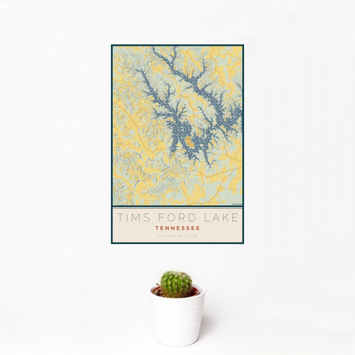 12x18 Tims Ford Lake Tennessee Map Print Portrait Orientation in Woodblock Style With Small Cactus Plant in White Planter