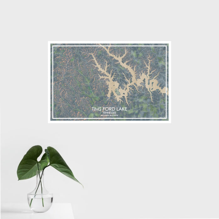 16x24 Tims Ford Lake Tennessee Map Print Landscape Orientation in Afternoon Style With Tropical Plant Leaves in Water
