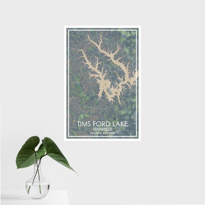 16x24 Tims Ford Lake Tennessee Map Print Portrait Orientation in Afternoon Style With Tropical Plant Leaves in Water
