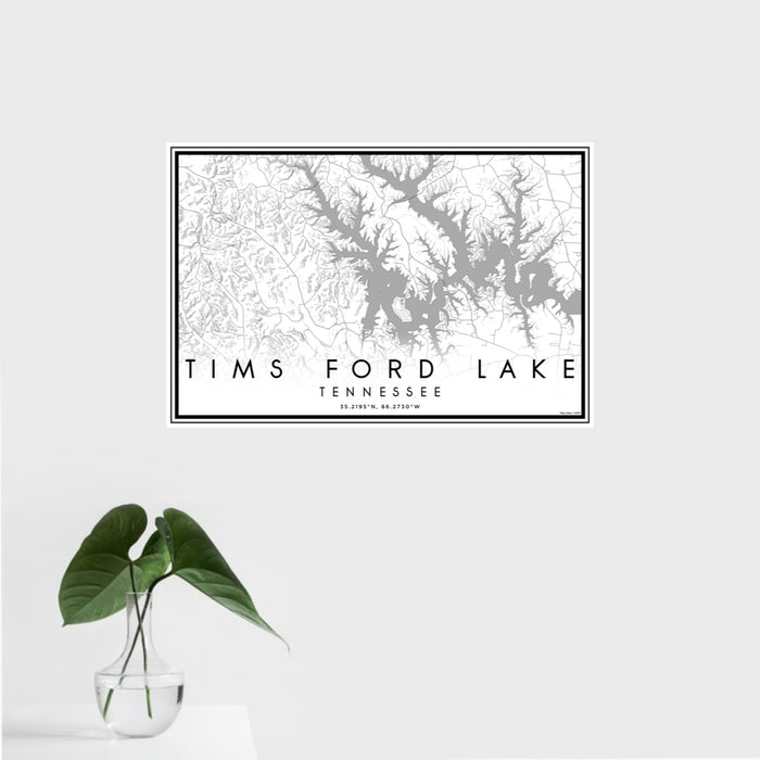 16x24 Tims Ford Lake Tennessee Map Print Landscape Orientation in Classic Style With Tropical Plant Leaves in Water