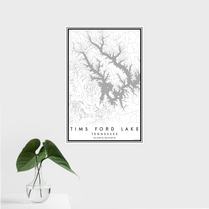 16x24 Tims Ford Lake Tennessee Map Print Portrait Orientation in Classic Style With Tropical Plant Leaves in Water