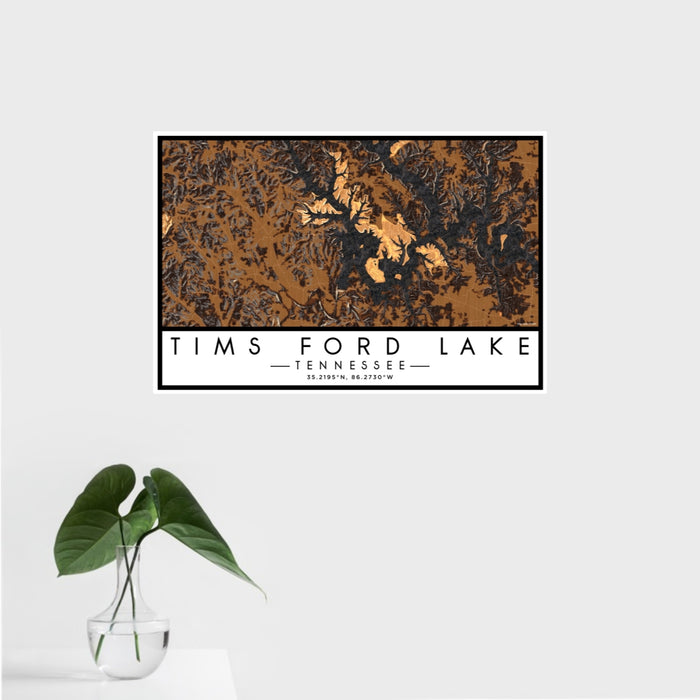 16x24 Tims Ford Lake Tennessee Map Print Landscape Orientation in Ember Style With Tropical Plant Leaves in Water