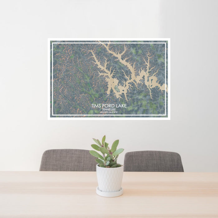 24x36 Tims Ford Lake Tennessee Map Print Lanscape Orientation in Afternoon Style Behind 2 Chairs Table and Potted Plant