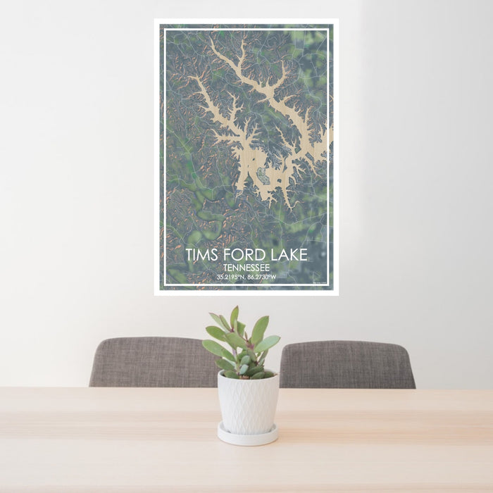 24x36 Tims Ford Lake Tennessee Map Print Portrait Orientation in Afternoon Style Behind 2 Chairs Table and Potted Plant