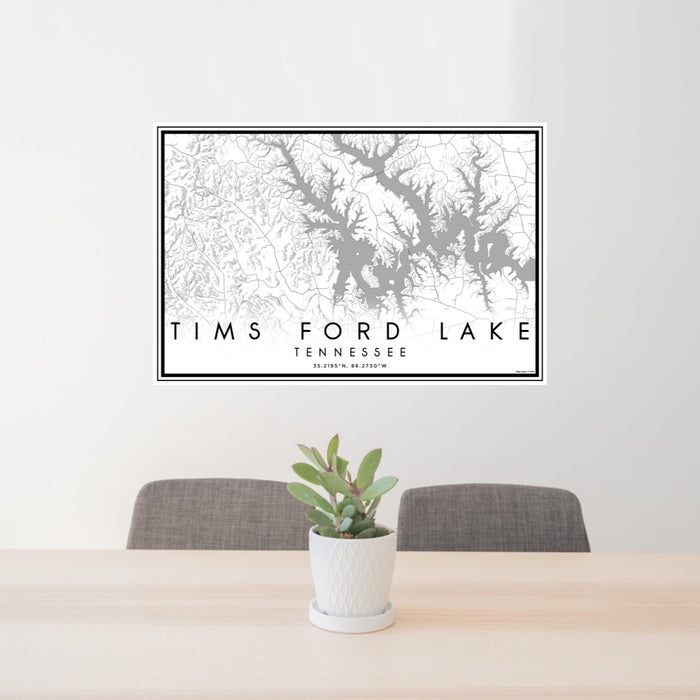 24x36 Tims Ford Lake Tennessee Map Print Lanscape Orientation in Classic Style Behind 2 Chairs Table and Potted Plant