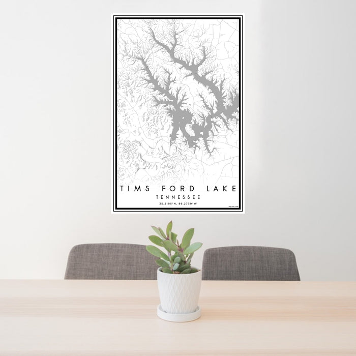 24x36 Tims Ford Lake Tennessee Map Print Portrait Orientation in Classic Style Behind 2 Chairs Table and Potted Plant