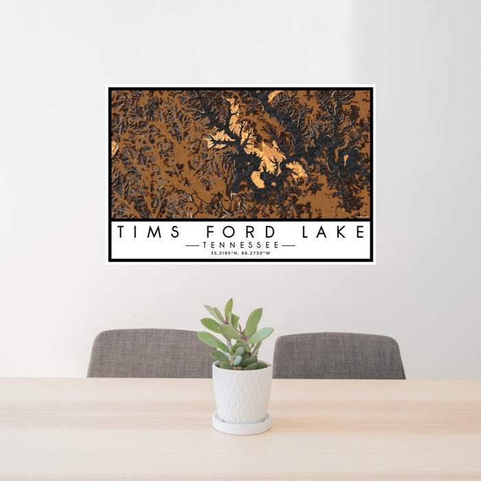 24x36 Tims Ford Lake Tennessee Map Print Lanscape Orientation in Ember Style Behind 2 Chairs Table and Potted Plant