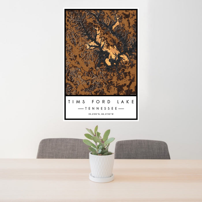 24x36 Tims Ford Lake Tennessee Map Print Portrait Orientation in Ember Style Behind 2 Chairs Table and Potted Plant