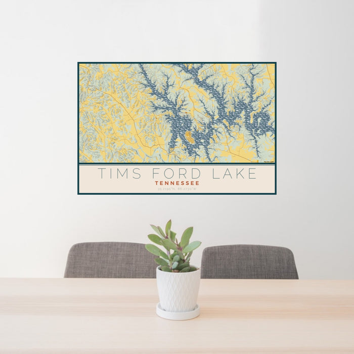 24x36 Tims Ford Lake Tennessee Map Print Lanscape Orientation in Woodblock Style Behind 2 Chairs Table and Potted Plant